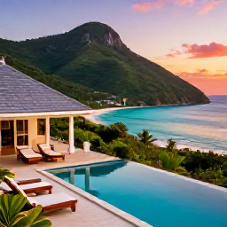 Caribbean Holidays, January Luxury Holidays, Luxury Caribbean villa overlooking a lush hillside and turquoise bay at sunset, with private pool and outdoor seating