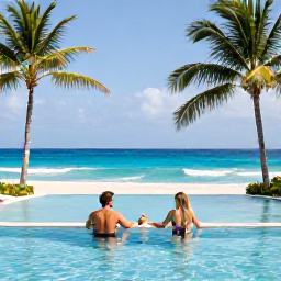 Caribbean Holidays, January Luxury Holidays, Luxury couple relaxing beside a palm-fringed infinity pool overlooking the Caribbean on a sunny January day