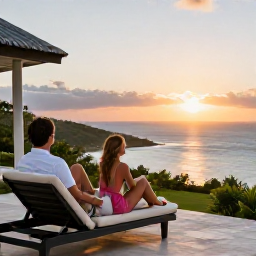 Caribbean Holidays, January Luxury Holidays, Luxury holiday couple watching sunset from a private villa terrace overlooking the Caribbean in January, St Thomas