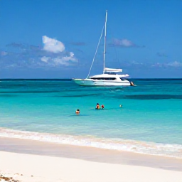 Caribbean Holidays, January Luxury Holidays, Luxury sailing yacht anchored in a sheltered turquoise bay near the Grenadines, with white sand beach and snorkellers in clear water