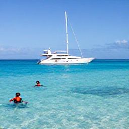Caribbean Holidays, January Luxury Holidays, Luxury sailing yacht passing between the Grenadine islands, with snorkellers in clear turquoise water and sunny Caribbean skies