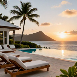 Caribbean Holidays, January Luxury Holidays, Luxury Saint Barth&eacute;lemy villa terrace overlooking the Caribbean at sunset, private pool, comfortable loungers and palm trees