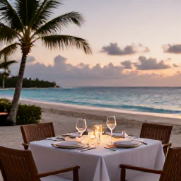 Caribbean Holidays, January Luxury Holidays, Luxury sunset dinner on a Bahamian beach, elegant table setting, soft lights, calm turquoise sea and palm trees