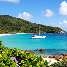Caribbean Holidays, January Luxury Holidays, Luxury yacht anchored in a clear turquoise bay beside green hills and white sand in the British Virgin Islands, bright January sunshine