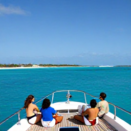 Caribbean Holidays, January Luxury Holidays, Private yacht cruising past small tropical islands near Turks and Caicos in January, guests relaxing on deck under a clear blue sky