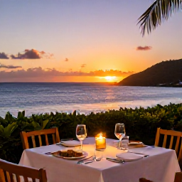 Caribbean Holidays, January Luxury Holidays, Sunset dinner at an elegant Caribbean restaurant in Saint Kitts, candlelit table, local cuisine and ocean view