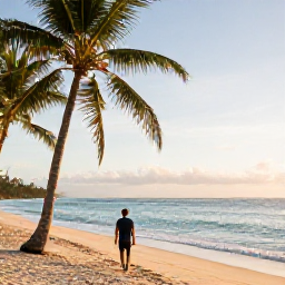 Caribbean Holidays, January Luxury Holidays, Traveller walking along a quiet Caribbean beach in the early morning, palm trees, gentle waves and warm golden sunlight