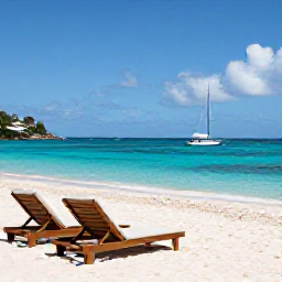 Caribbean Holidays, January Luxury Holidays, White sandy beach and calm turquoise water on Saint Barth&eacute;lemy, with luxury sun loungers and a small sailing boat offshore