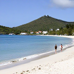 Caribbean Holidays, January Luxury Holidays, White sandy beach at Magens Bay on St Thomas in January, calm blue water, green hills and a couple walking along the shore