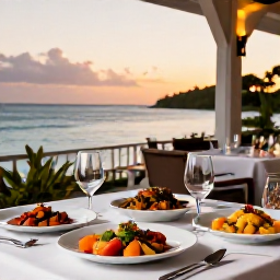 Caribbean Holidays, January Luxury, Outdoor table at a refined Caribbean restaurant in Grand Case, colourful local dishes, sea view and warm evening light