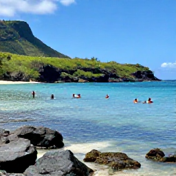 Caribbean Holidays, January Martinique, Anse Dufour beach in Martinique with clear water, volcanic rocks, green hills and visitors swimming and snorkelling