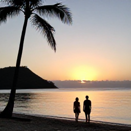 Caribbean Holidays, January Martinique, Couple enjoying a sunset on a Martinique beach in January, calm sea, warm golden light and palm silhouettes
