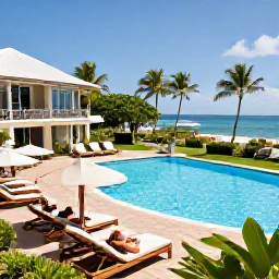 Caribbean Holidays, January Martinique, Elegant all-inclusive resort in Martinique with swimming pool, sun loungers, tropical gardens and guests relaxing in January sunshine