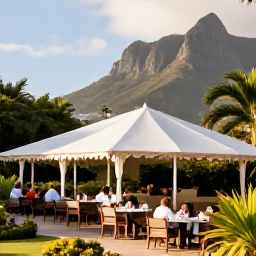 Caribbean Holidays, January Montserrat, Comfortable all-inclusive resort on Montserrat, outdoor dining area, tropical gardens, guests relaxing in warm January sunshine