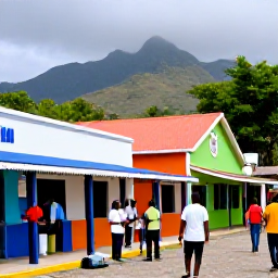 Caribbean Holidays, January Montserrat, Friendly Montserrat village scene with local food, colourful buildings, musicians and visitors enjoying Caribbean culture in January