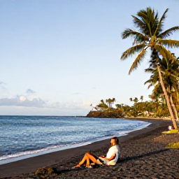 Caribbean Holidays, January Montserrat, Quiet Montserrat coastline with black volcanic sand beach, clear Caribbean sea, palm trees and a couple enjoying a peaceful January afternoon