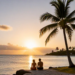 Caribbean Holidays, January Nature Holidays, A couple enjoying a peaceful January sunset beside the Caribbean Sea on Saint Kitts, with palm trees and warm evening light