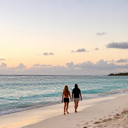 Caribbean Holidays, January Nature Holidays, A couple walking along Long Bay Beach at sunset in January, with calm turquoise sea, pale sand and warm evening light