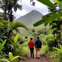 Caribbean Holidays, January Nature Holidays, A guided nature walk through green rainforest on Saint Kitts, with hikers looking at tropical foliage and mountain scenery