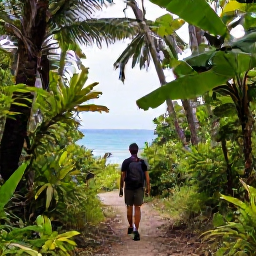 Caribbean Holidays, January Nature Holidays, A hiker walking through tropical woodland on a marked trail in Virgin Islands National Park, with ocean views between the trees