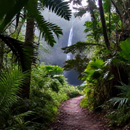 Caribbean Holidays, January Nature Holidays, A lush rainforest trail on Saint Vincent with tropical foliage, soft morning light and a gentle waterfall in the distance