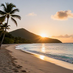 Caribbean Holidays, January Nature Holidays, A peaceful January sunrise over a tropical beach on St John in the United States Virgin Islands, with calm turquoise water, palm trees and green hills
