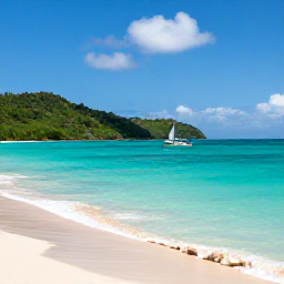 Caribbean Holidays, January Nature Holidays, A quiet Caribbean beach in the Grenadines with clear turquoise water, green hills and a small sailing boat offshore