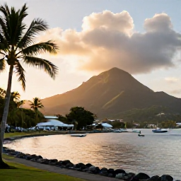 Caribbean Holidays, January Nature Holidays, A relaxed Caribbean village waterfront in Saint Vincent at sunset, with palm trees, fishing boats and green mountains behind
