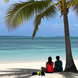 Caribbean Holidays, January Nature Holidays, A relaxed couple sitting beneath palm trees on a quiet Caribbean beach in January, with snorkelling gear nearby and a calm blue sea