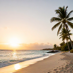 Caribbean Holidays, January Nature Holidays, Golden sunrise over a quiet Caribbean beach on Saint Martin, with calm turquoise water and a few palm trees