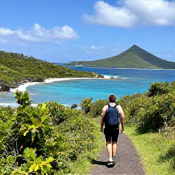 Caribbean Holidays, January Nature Holidays, Hiker following a green coastal trail on Saint Martin, overlooking bays and bright blue Caribbean sea