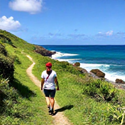 Caribbean Holidays, January Nature Holidays, Hiker following a green coastal trail on Saint Martin, panoramic Caribbean views, rocky coastline and January sunshine