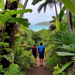 Caribbean Holidays, January Nature Holidays, Hikers walking through lush tropical woodland on St John, following a marked trail towards a viewpoint over the Caribbean Sea