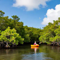 Caribbean Holidays, January Nature Holidays, Protected mangrove lagoon and quiet wetland on Saint Martin, kayaks on calm water, tropical greenery and blue sky