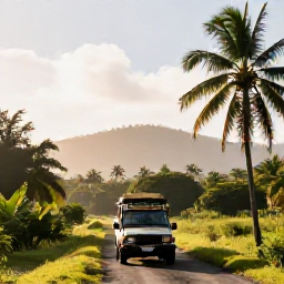 Caribbean Holidays, January Safari Holidays, A bright January morning in Puerto Rico with a safari vehicle travelling through green tropical countryside, palm trees and distant hills