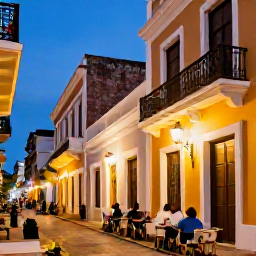 Caribbean Holidays, January Safari Holidays, A colourful evening in Old San Juan, Puerto Rico, with travellers dining outdoors near bright colonial buildings and warm street lighting