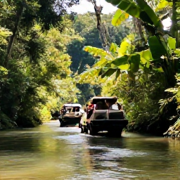 Caribbean Holidays, January Safari Holidays, A guided safari group exploring lush Puerto Rican forest beside a calm river, with tropical plants and filtered sunshine