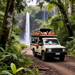 Caribbean Holidays, January Safari Holidays, Visitors enjoying a guided nature excursion in Puerto Rico with rainforest trees, a waterfall and a comfortable open-sided safari vehicle