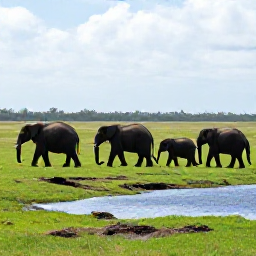 Caribbean Holidays, January Safaris, Elephant herd walking through lush green grass beside a waterhole beneath a bright African sky