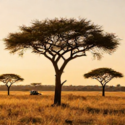 Caribbean Holidays, January Safaris, Golden sunrise over the African savannah with acacia trees, open grassland and a safari vehicle in the distance