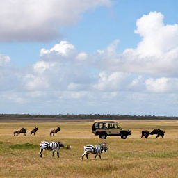 Caribbean Holidays, January Safaris, Safari jeep crossing a wide grassy plain beneath scattered clouds, with zebras and wildebeest nearby