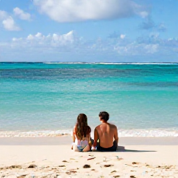 Caribbean Holidays, January Saint Barthelemy, Couple relaxing on a beautiful Saint Barthelemy beach in January, with calm turquoise sea, soft sand and gentle sunshine