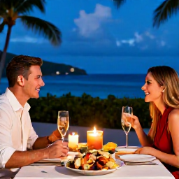 Caribbean Holidays, January Saint Barthelemy, Romantic adults-only dinner at a Saint Barthelemy resort, with candles, fresh seafood and a tropical evening backdrop
