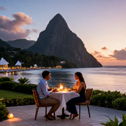 Caribbean Holidays, January Saint Lucia, Couple enjoying a quiet candlelit dinner on an adults-only resort terrace in Saint Lucia, with soft lights and a Caribbean sunset over the sea