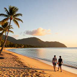 Caribbean Holidays, January Saint Lucia, Couple walking along a golden sandy beach in Saint Lucia at sunset, with calm Caribbean water, palm trees and distant green hills