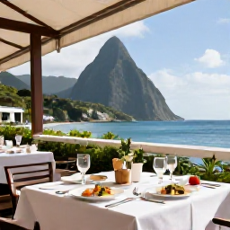 Caribbean Holidays, January Saint Lucia, Elegant adults-only hotel restaurant in Saint Lucia serving Caribbean-inspired food on an open-air terrace overlooking the sea