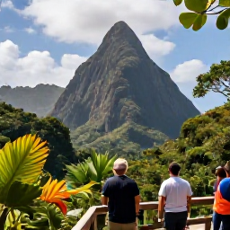 Caribbean Holidays, January Saint Lucia, Visitors exploring the Pitons and lush rainforest in Saint Lucia, with a scenic viewpoint, tropical foliage and dramatic volcanic mountains