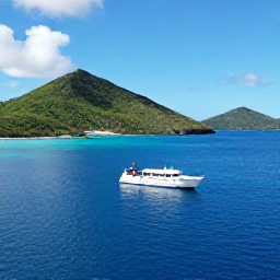 Caribbean Holidays, January Scuba Diving, A dive boat travelling past green hills and sheltered bays near St Thomas in bright January sunshine