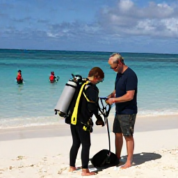 Caribbean Holidays, January Scuba Diving, A friendly dive instructor preparing equipment with holidaymakers on a sandy beach in The Bahamas