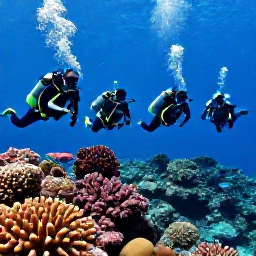 Caribbean Holidays, January Scuba Diving, A group of scuba divers exploring colourful coral and tropical fish near a Bahamian reef